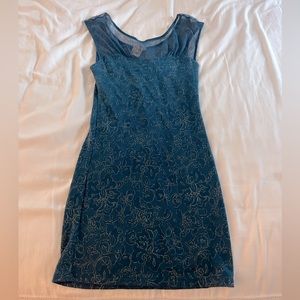 Free people mini dress, blue with gold detail, sheer neck line